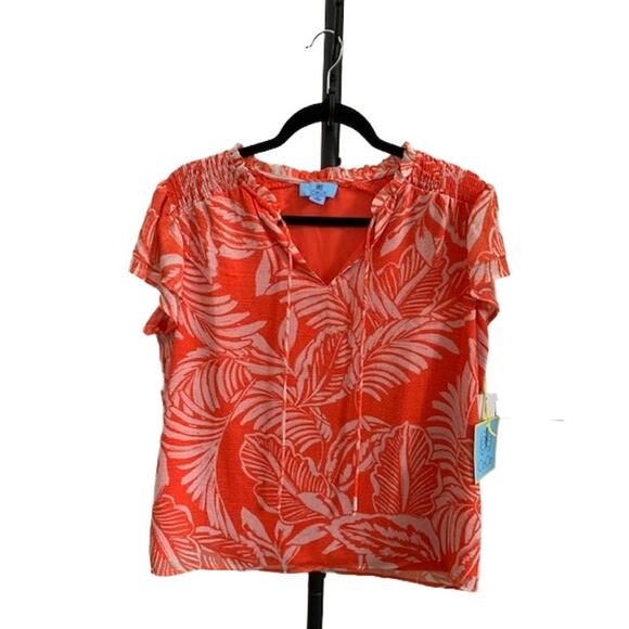CeCe-Short Sleeve-Smocked Floral Blouse-V Neck Lined-Polyester-Orange-Women-M - Picture 1 of 6